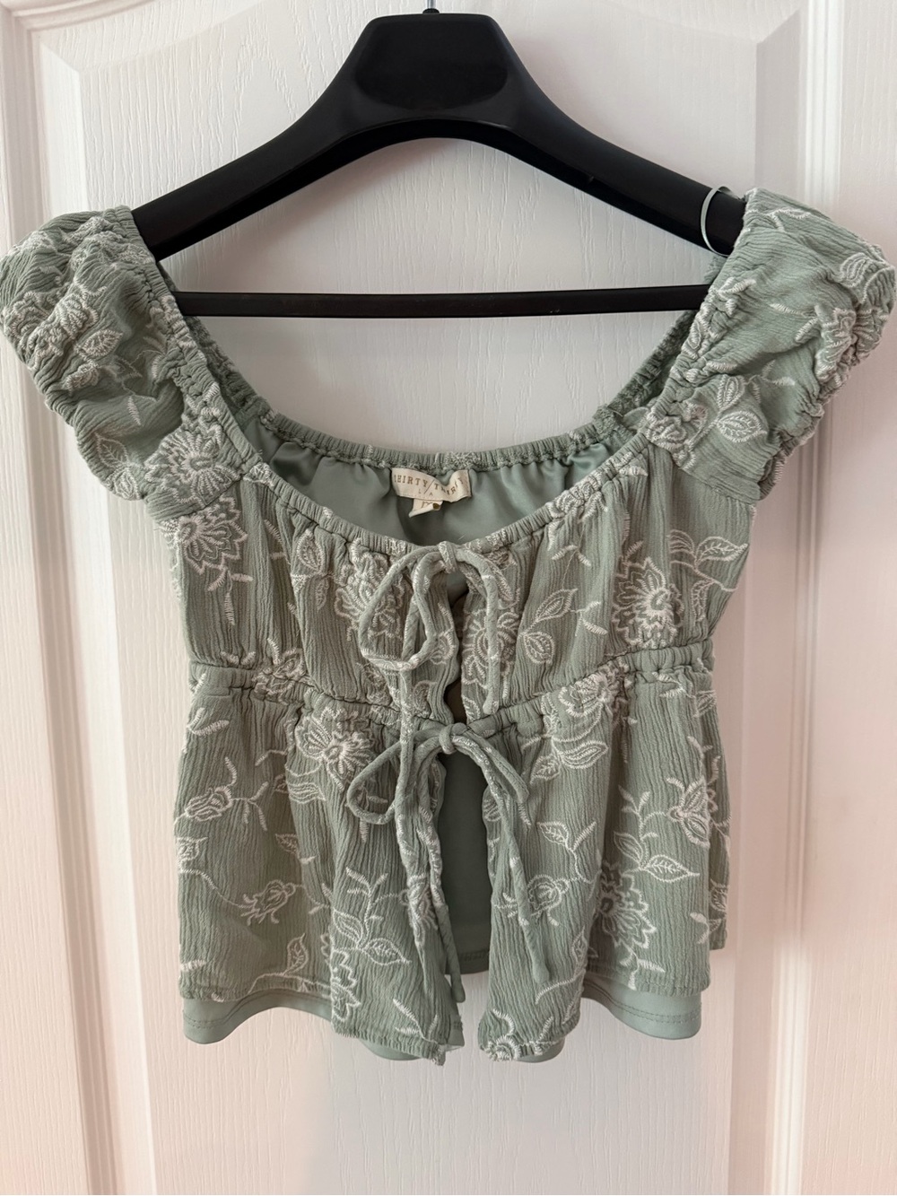 Embroidered Sage Green Tie-Front Crop Top - Women's